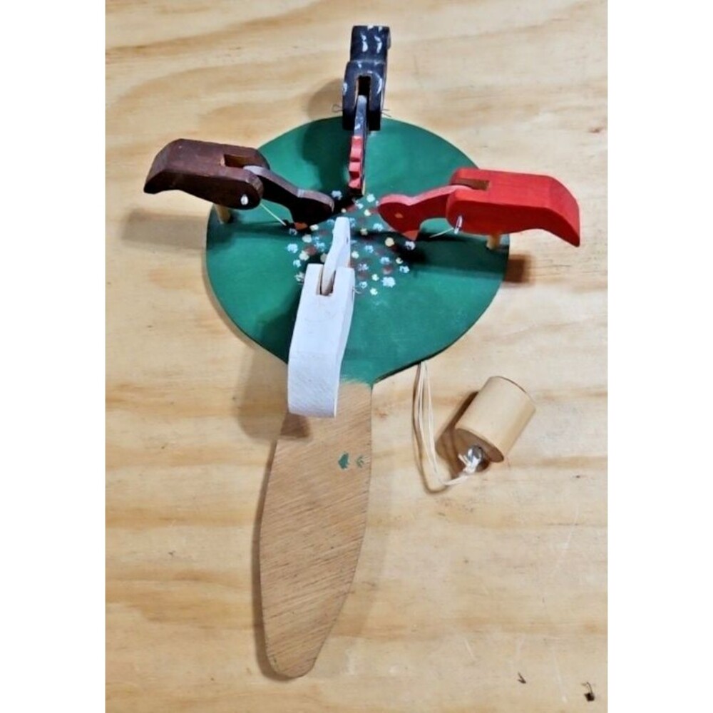 Vintage WOODEN Folk Art Chicken Hen Pecking Paddle Toy OZARKS handmade wood